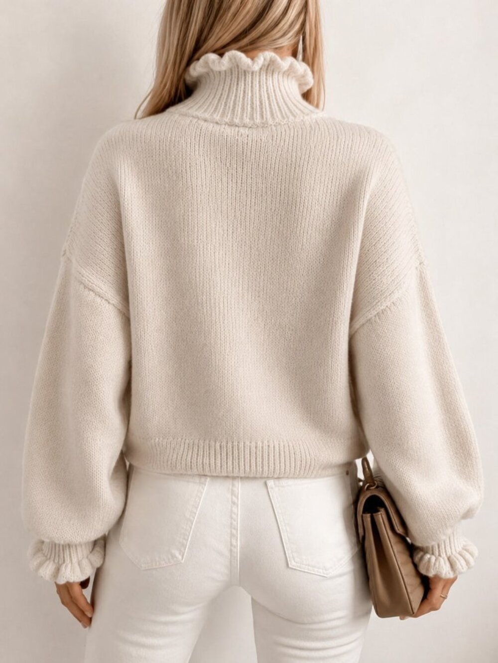 Apricot Casual Women's Ruffle Trim High Neck Loose Pullover Sweater - Picture 2 of 4